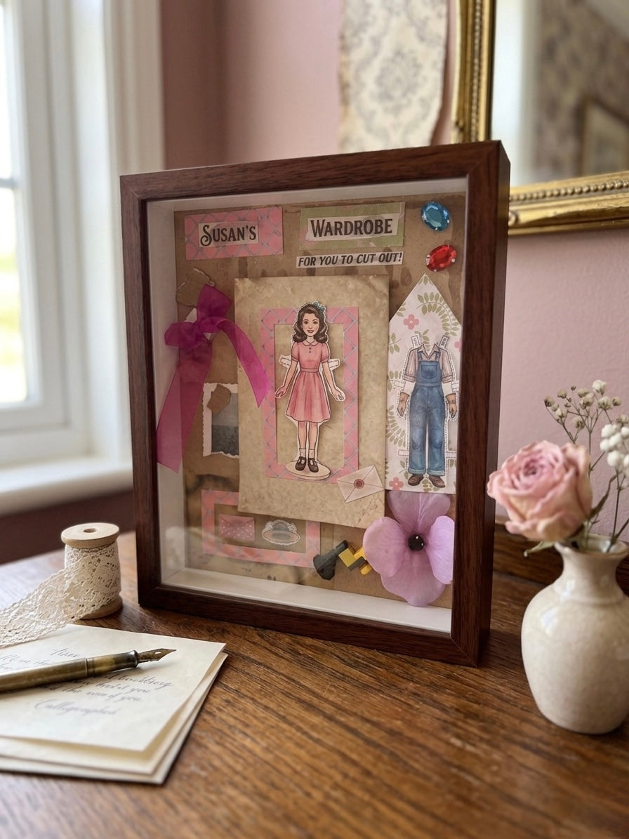 "Susan's Wardrobe" Vintage Paper Doll Shadowbox Art – Nostalgic Handmade 3D Collage