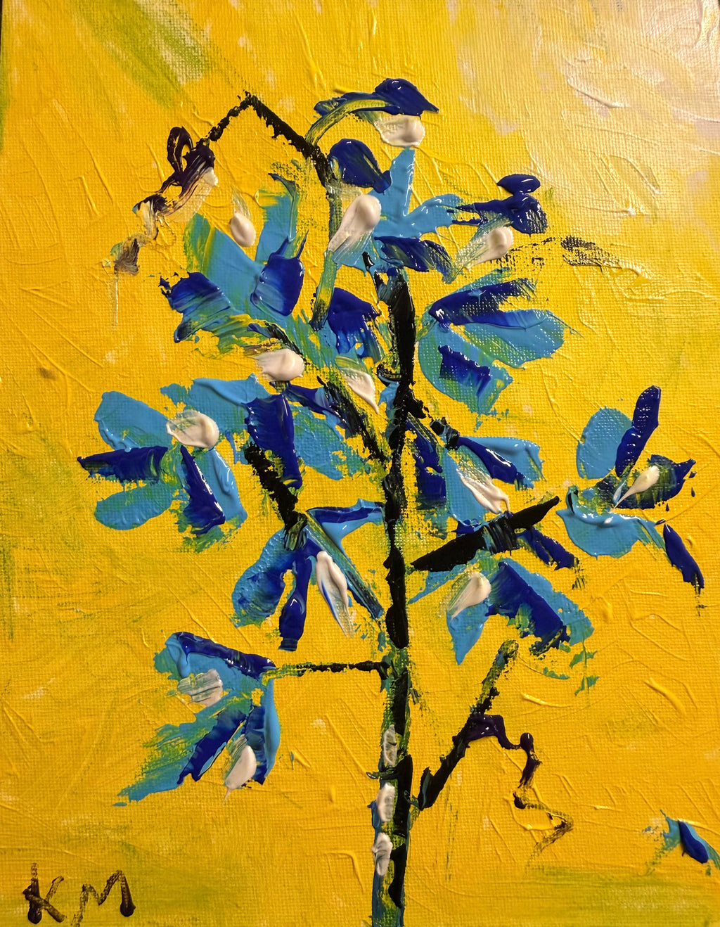 Abstract floral painting by Katya Montes on a canvas board featuring yellow background and blue flowers