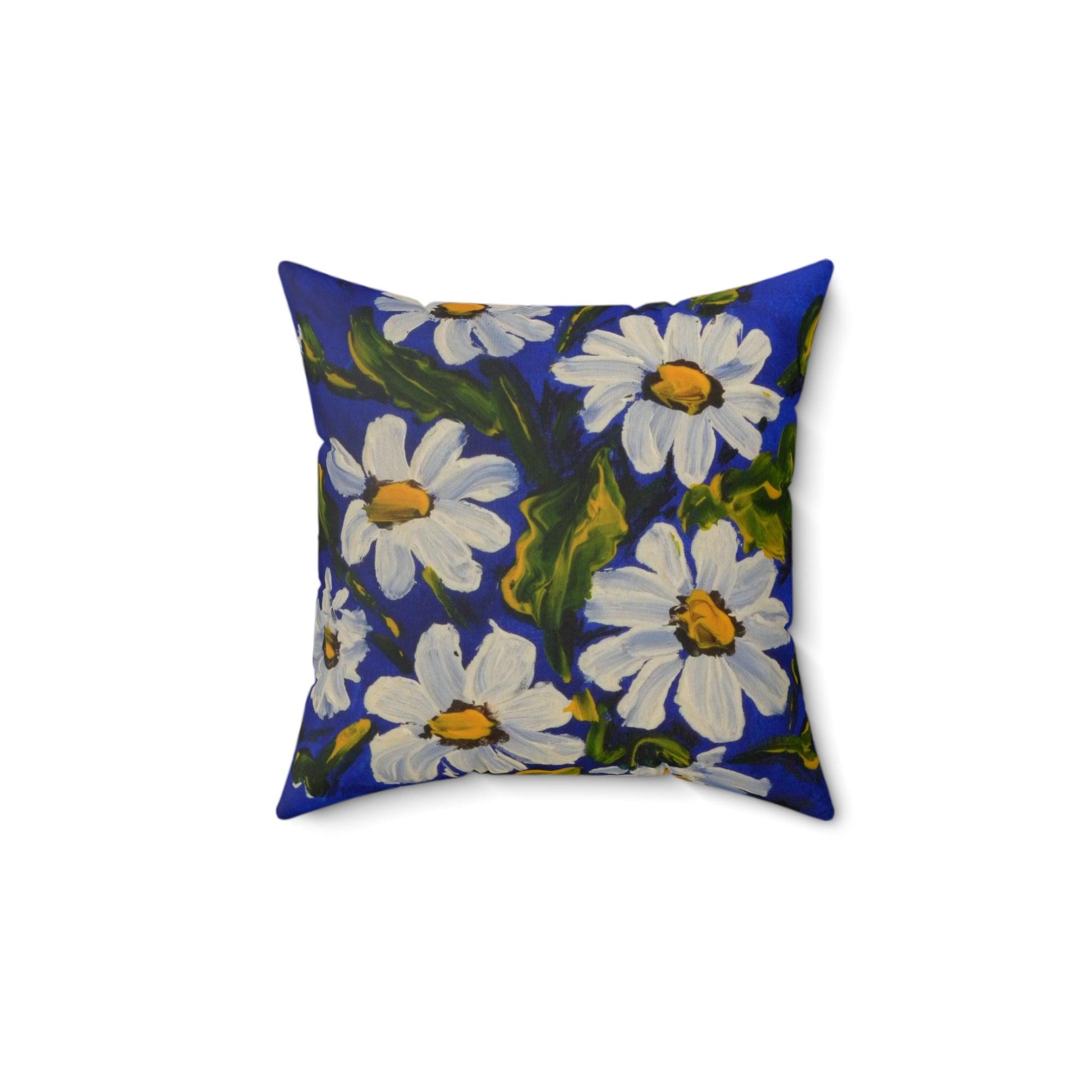 Square Pillow - White Daisies on Blue Background by Katya Montes - Katya Montes Art