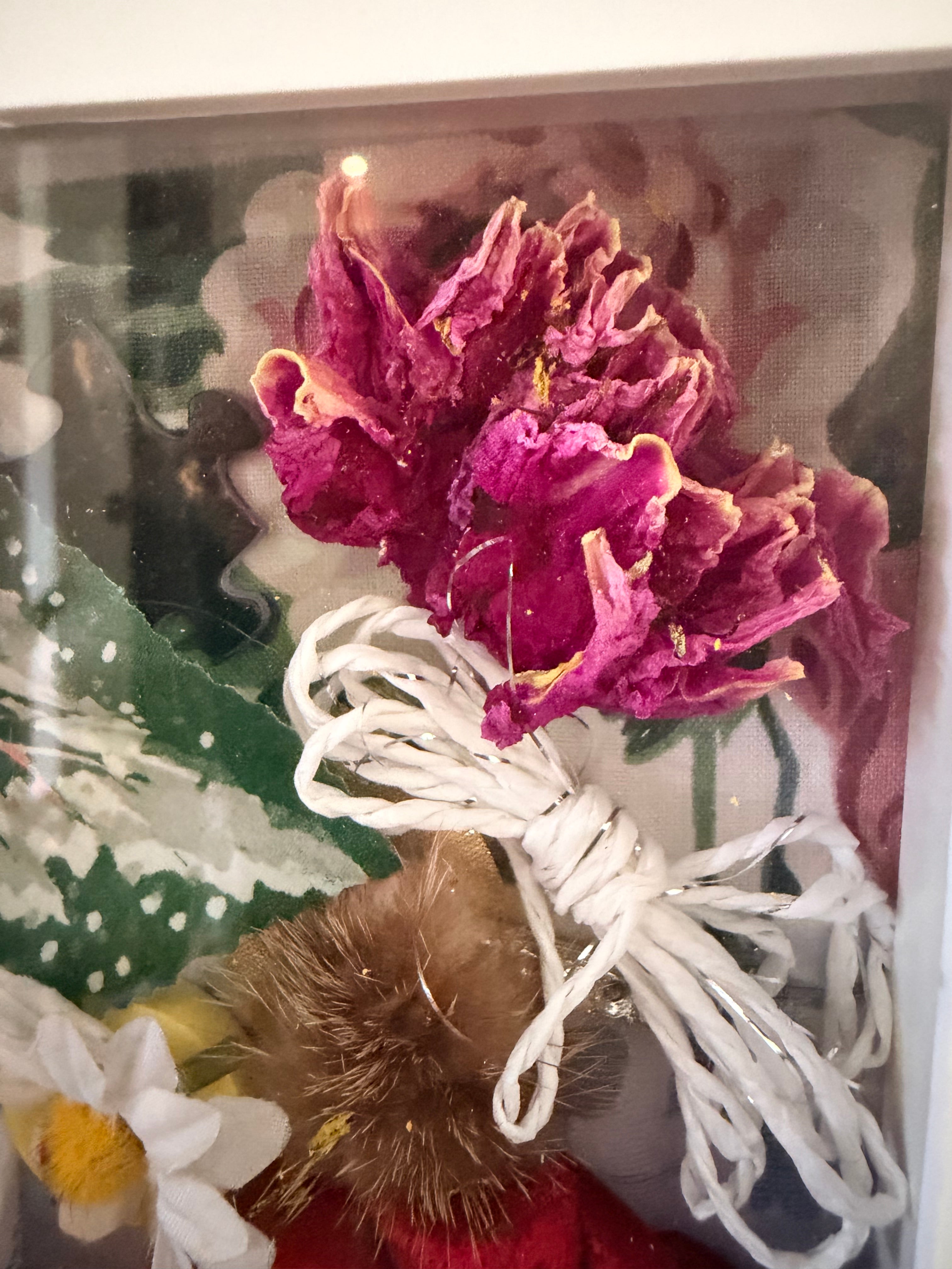 Handcrafted Mixed Media Floral Shadow Box Art – White Framed Botanical Keepsake