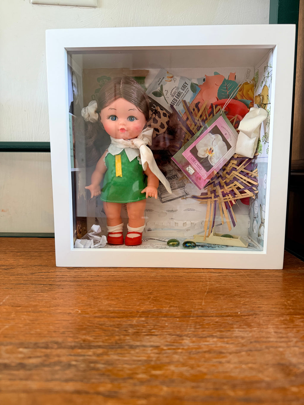 Vintage Doll Mixed Media Shadow Box Art – "Nostalgia & Tea" Handmade Assemblage