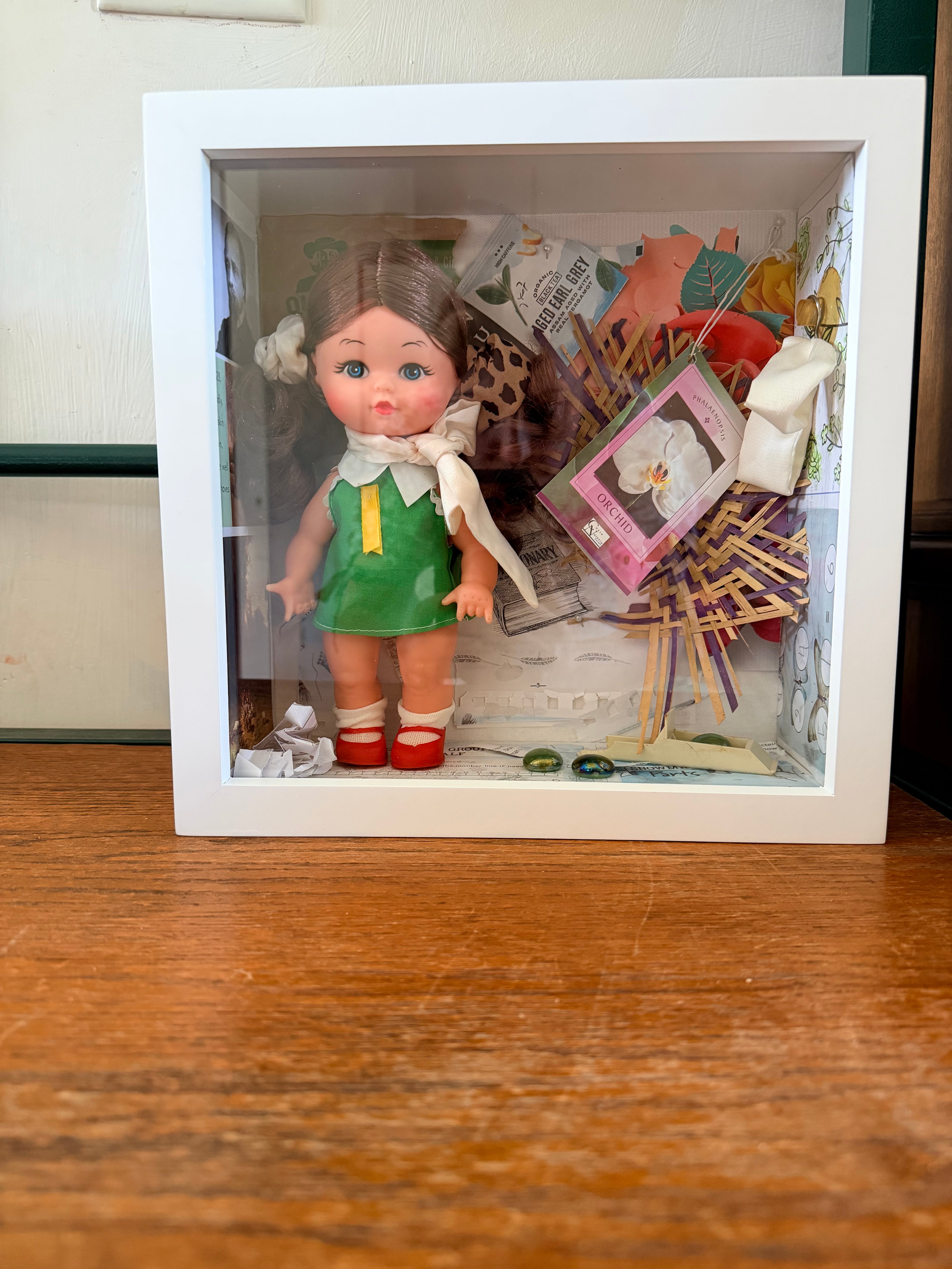 Vintage Doll Mixed Media Shadow Box Art – "Nostalgia & Tea" Handmade Assemblage