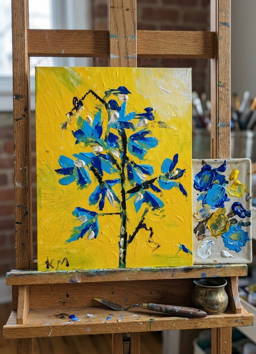 Abstract Blue Delphinium Acrylic Floral Painting on 8"x11" Canvas Board