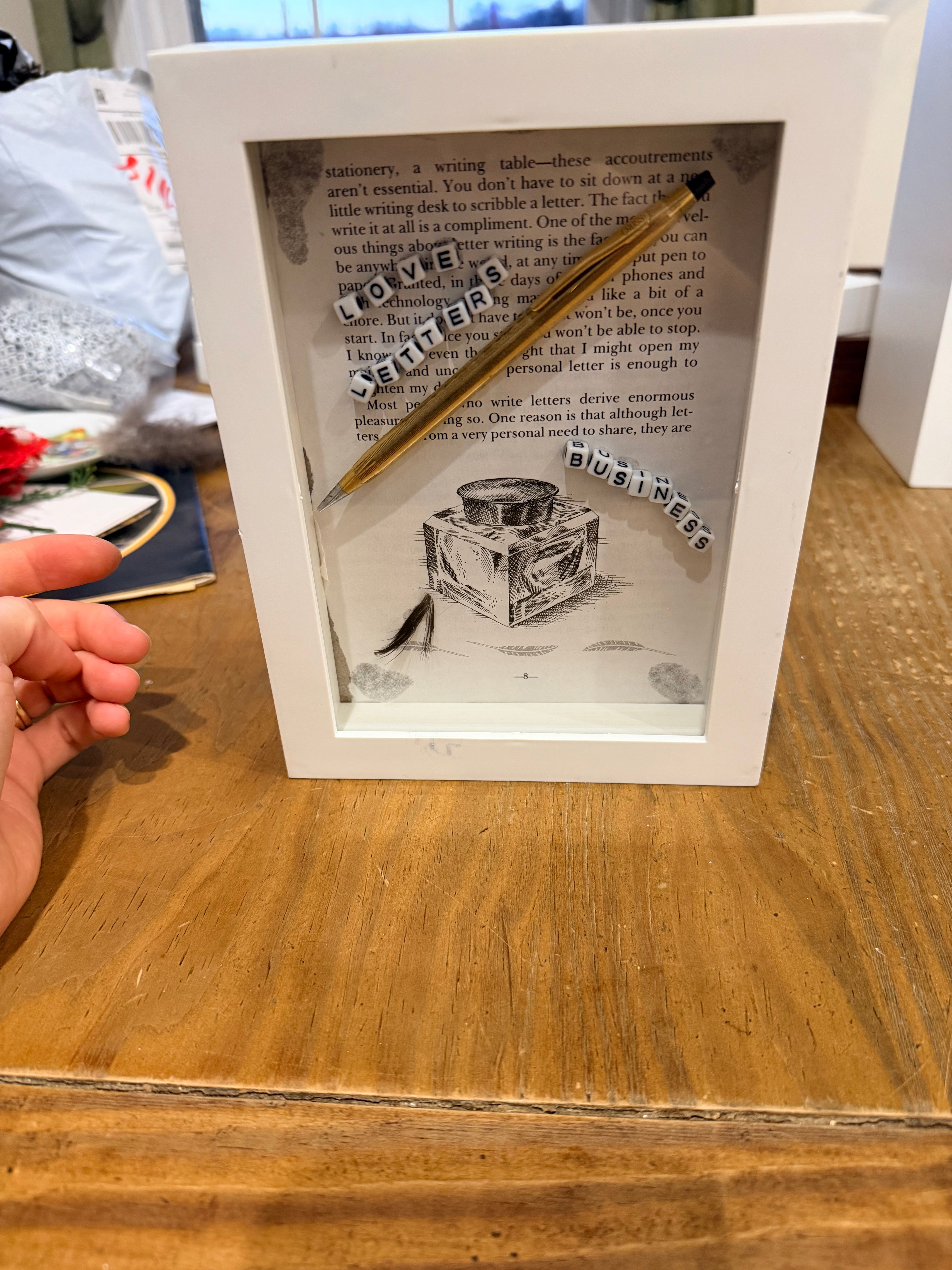 "Love Letters & Business" Vintage Book Art Shadow Box – 3D Letter Writing Wall Decor with Gold Pen & Inkwell