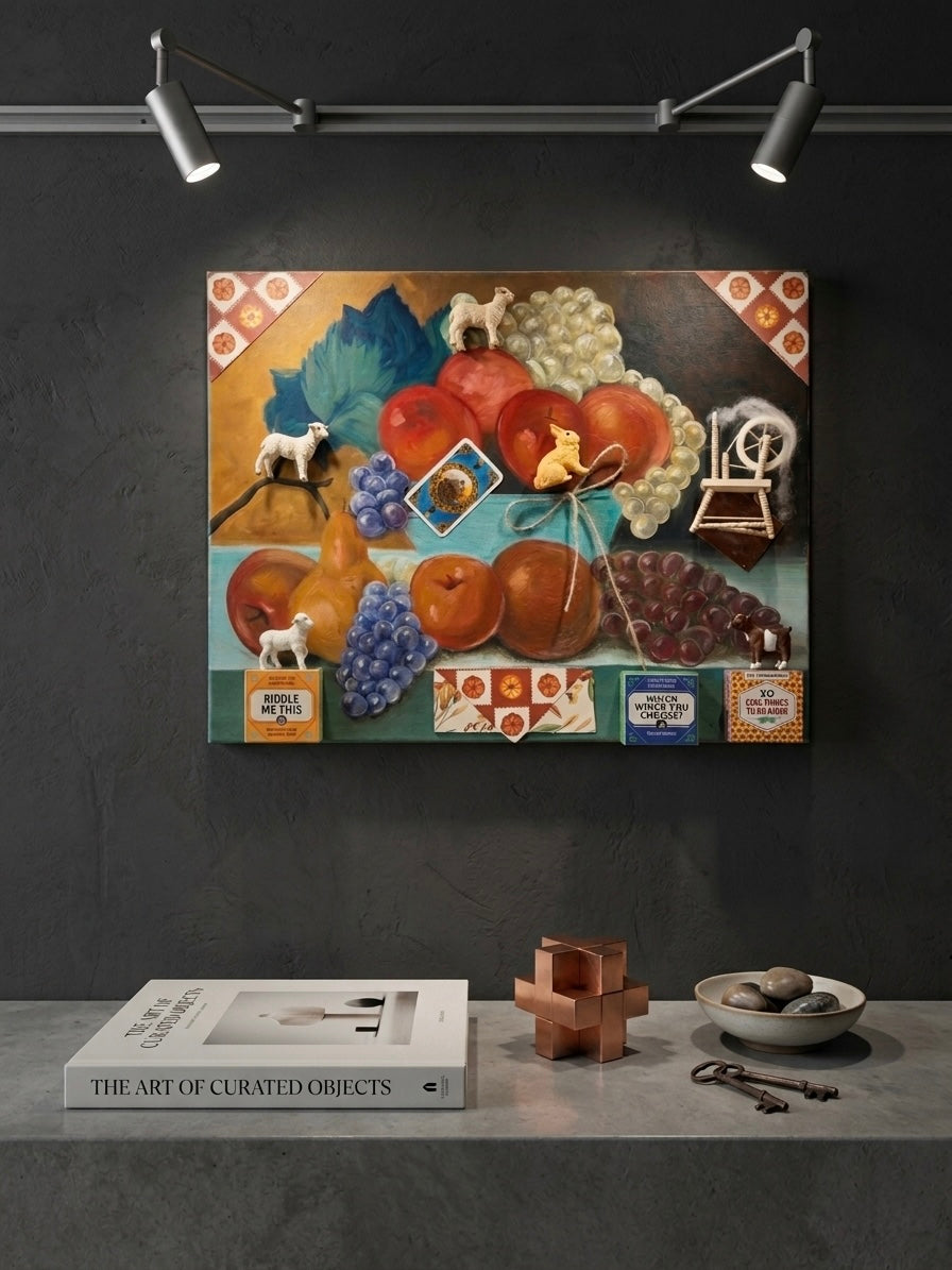 A 16x24 inch whimsical 3D mixed media assemblage painting depicting a traditional fruit still life canvas adorned with miniature toy sheep, a tiny spinning wheel, and vintage-style game boxes, hanging on a dark moody gray gallery wall under professional spot lighting.
