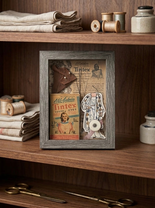 Vintage sewing shadowbox art featuring Tintex dye box and antique dressmaker illustrations.
