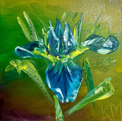 An oil painting of a blue iris flower on green background 