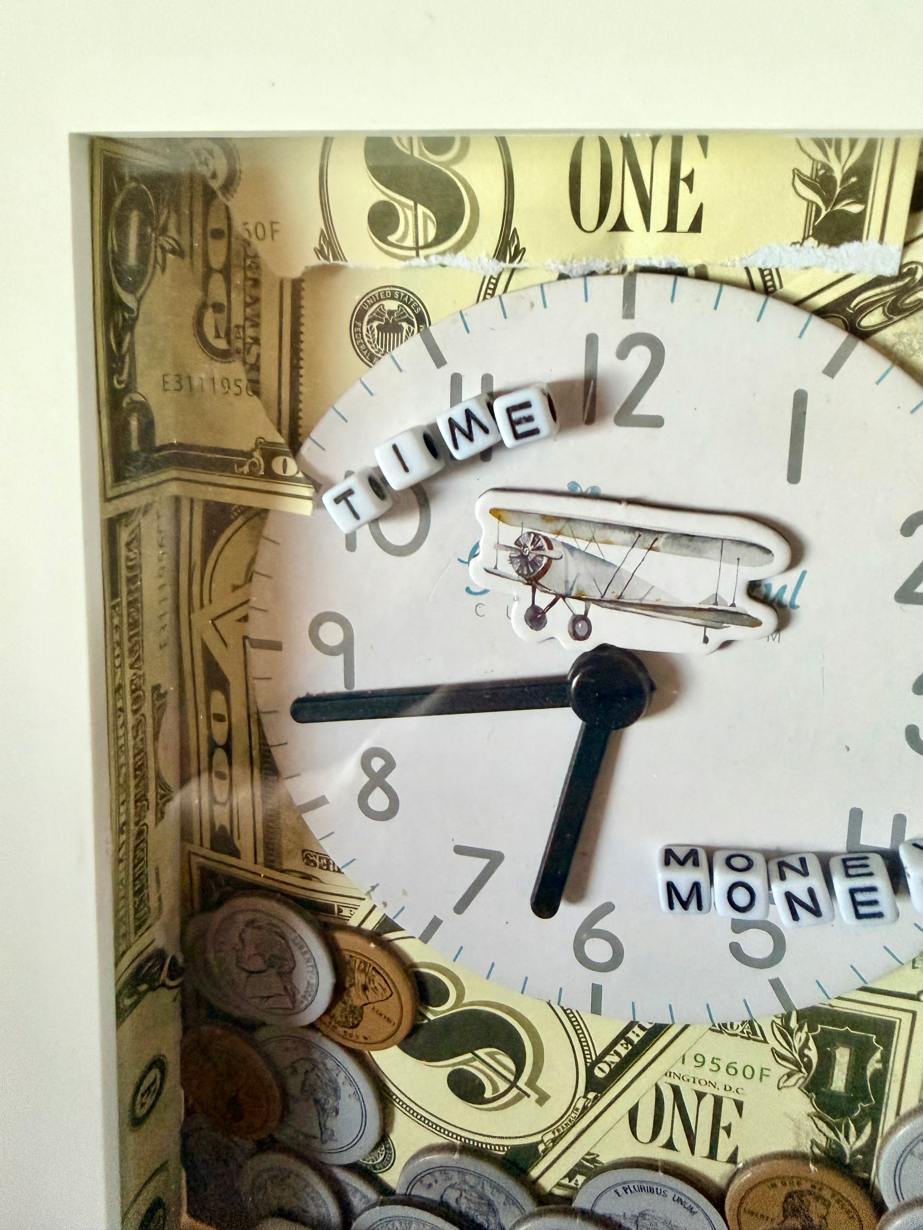 "Time is Money" 3D Shadow Box Wall Art – Financial Motivation Decor with Vintage Clock, Coins & Cash Background