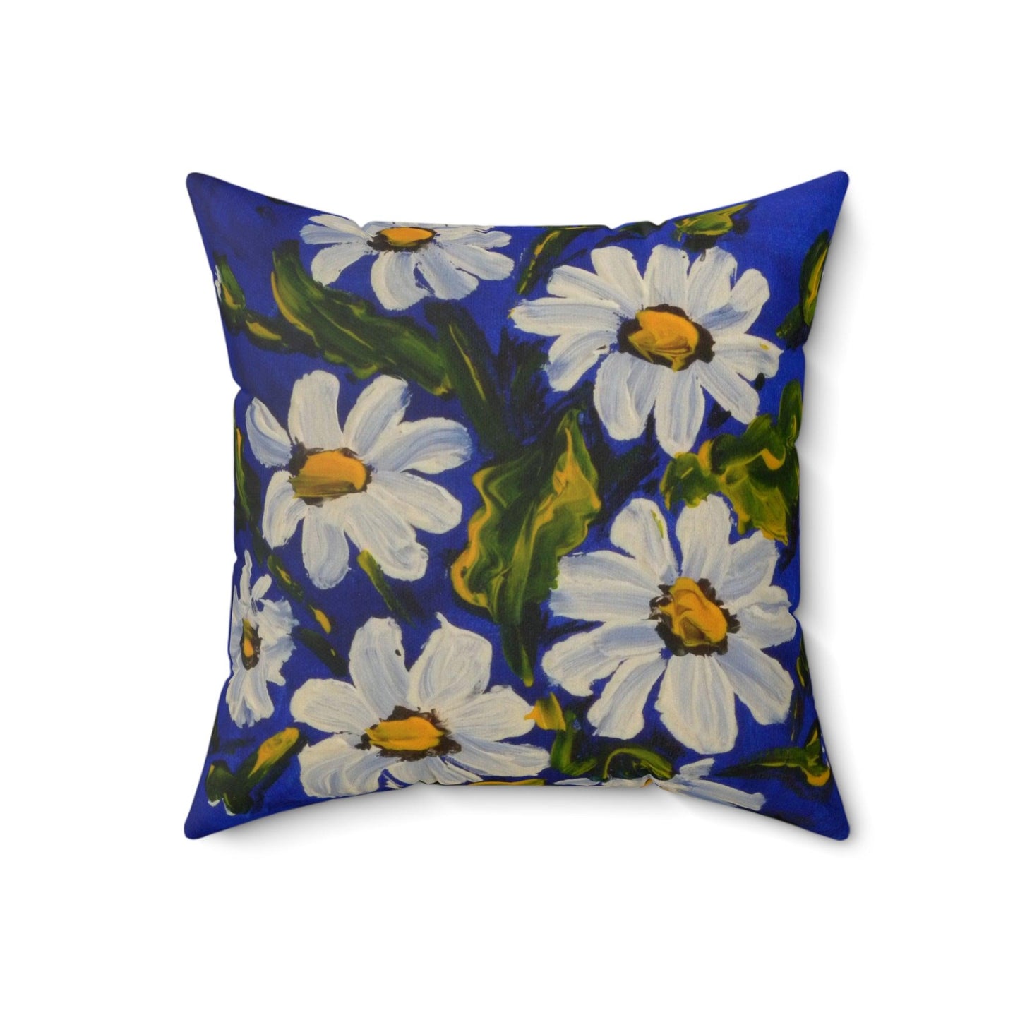 Square Pillow - White Daisies on Blue Background by Katya Montes - Katya Montes Art