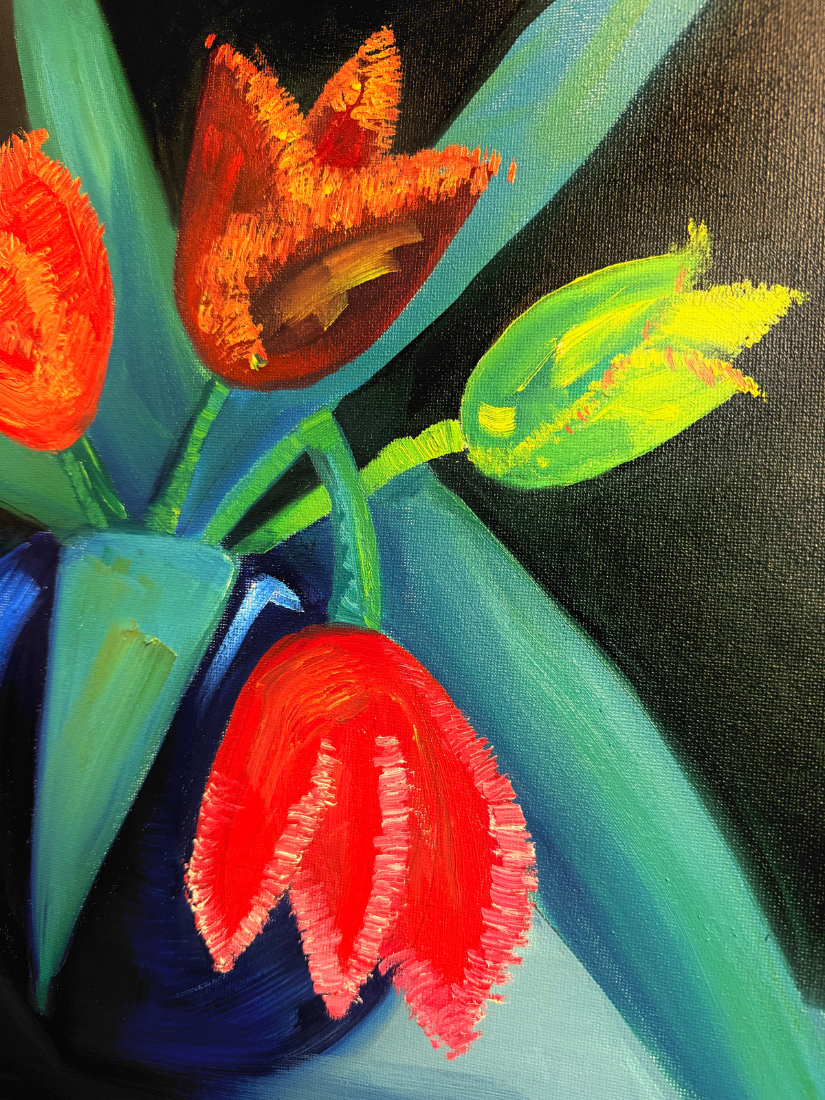 Tulips in a Vase oil on square canvas
