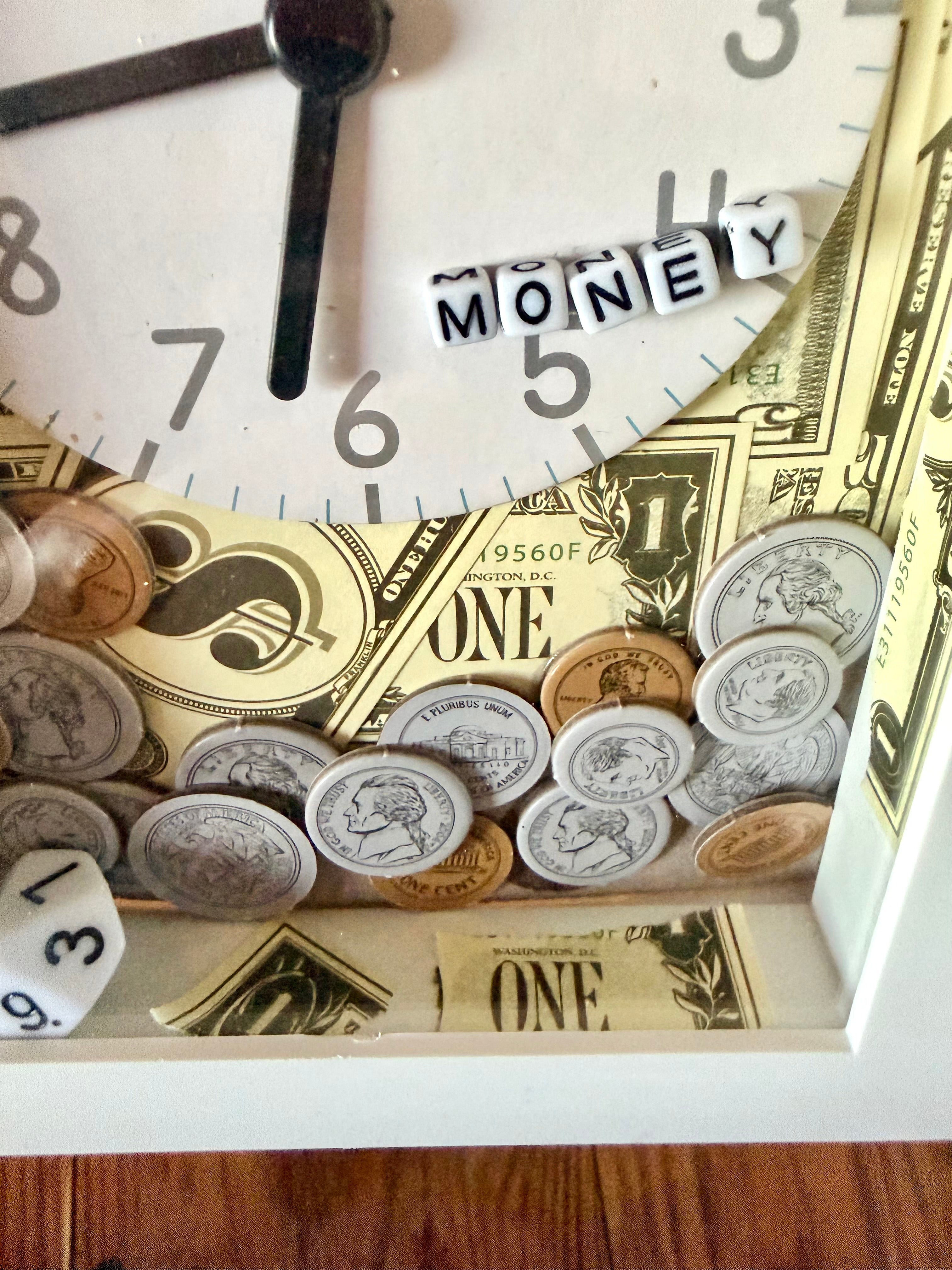 "Time is Money" 3D Shadow Box Wall Art – Financial Motivation Decor with Vintage Clock, Coins & Cash Background
