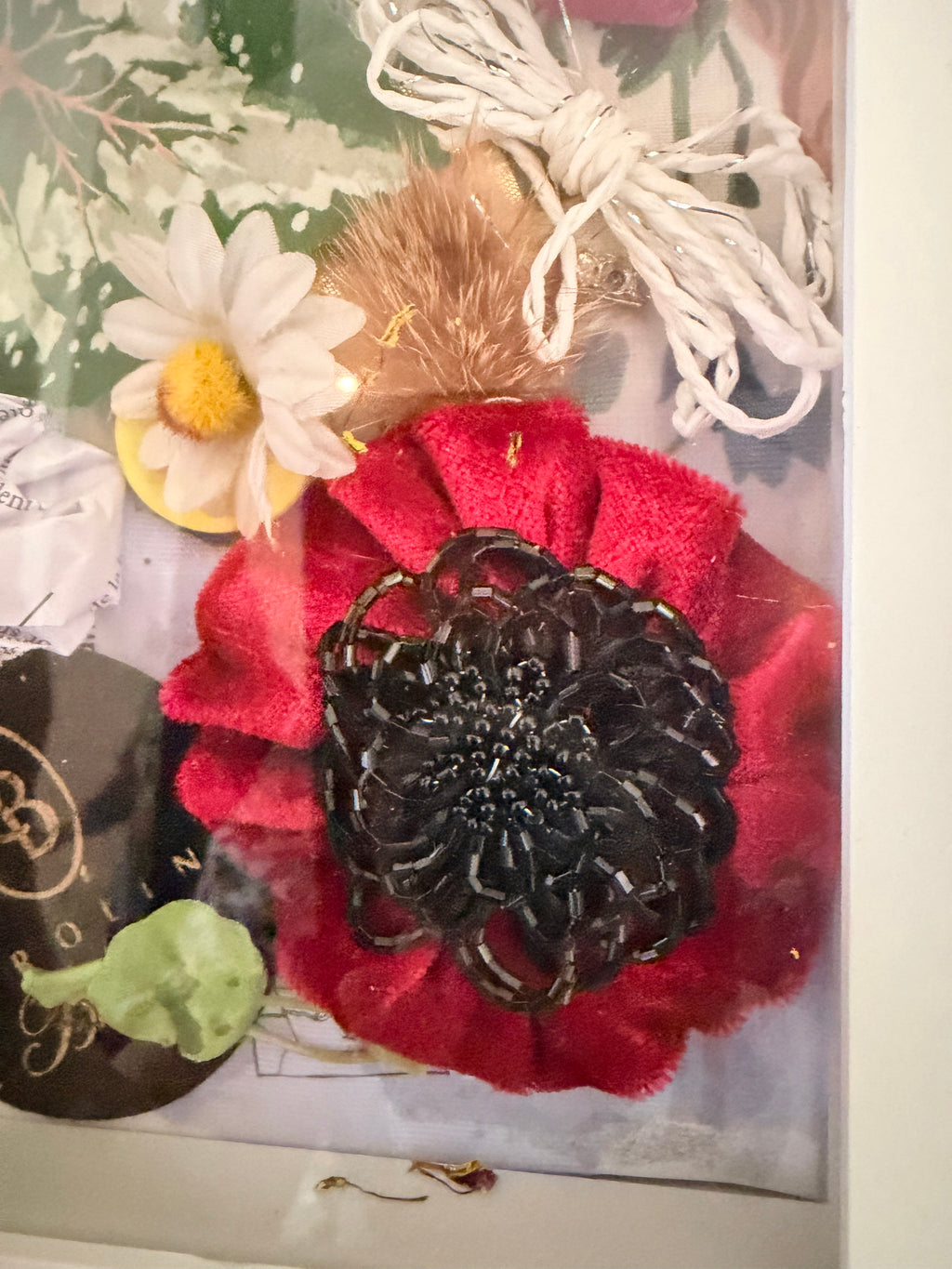 Handcrafted Mixed Media Floral Shadow Box Art – White Framed Botanical Keepsake
