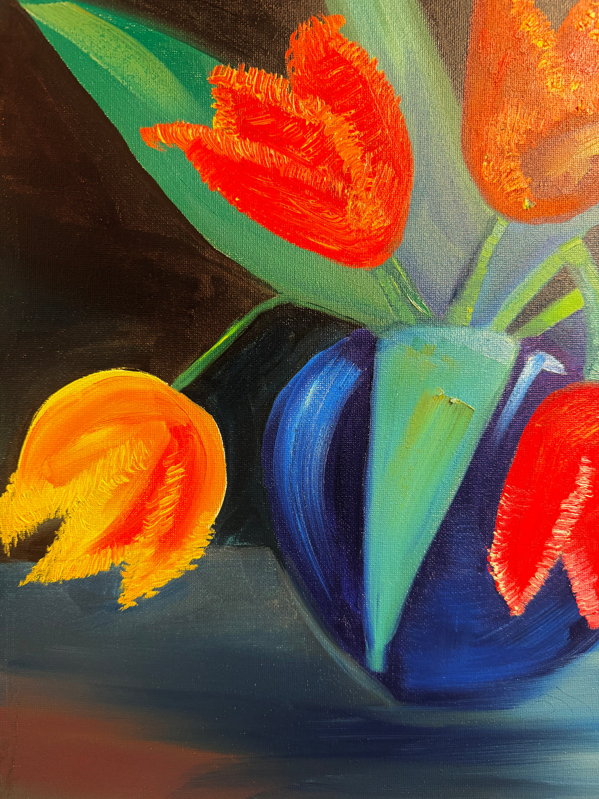 Tulips in a Vase oil on square canvas