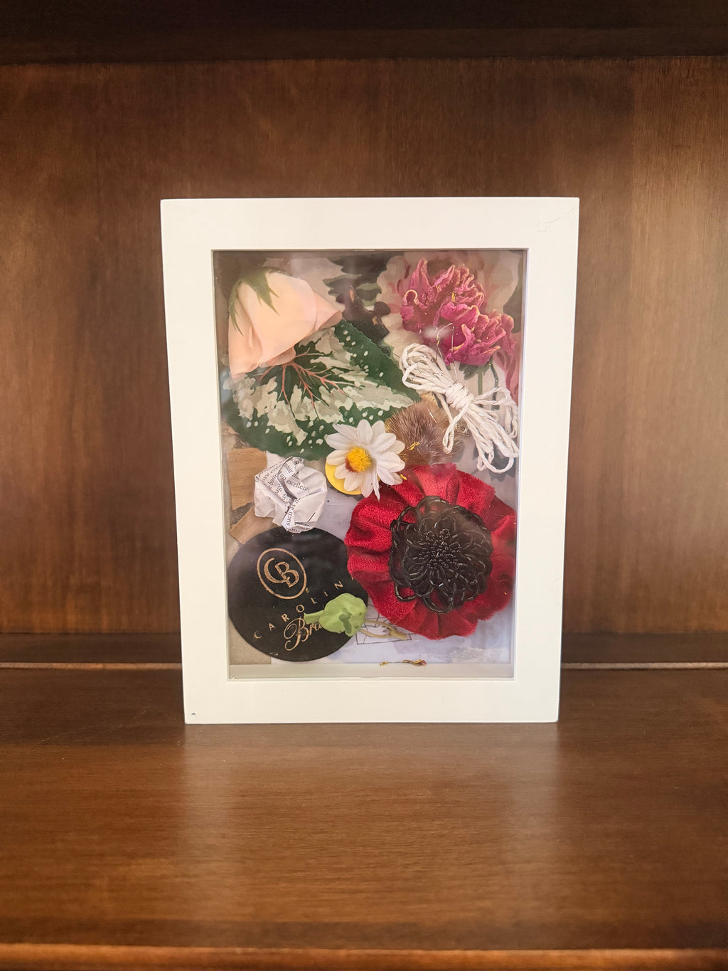 Handcrafted Mixed Media Floral Shadow Box Art – White Framed Botanical Keepsake