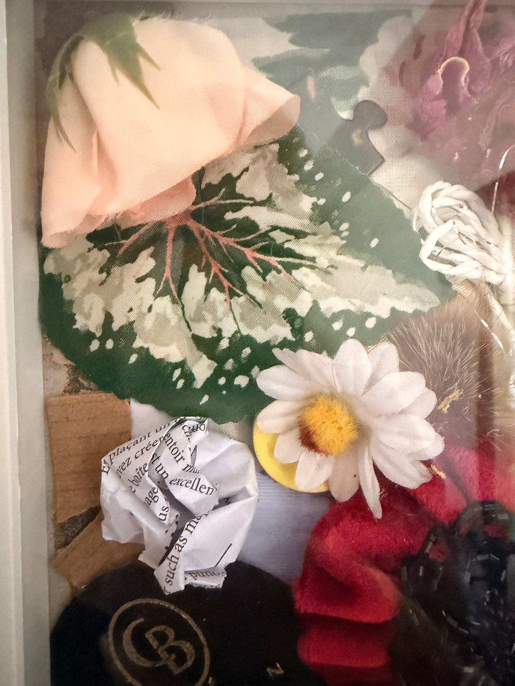 Handcrafted Mixed Media Floral Shadow Box Art – White Framed Botanical Keepsake