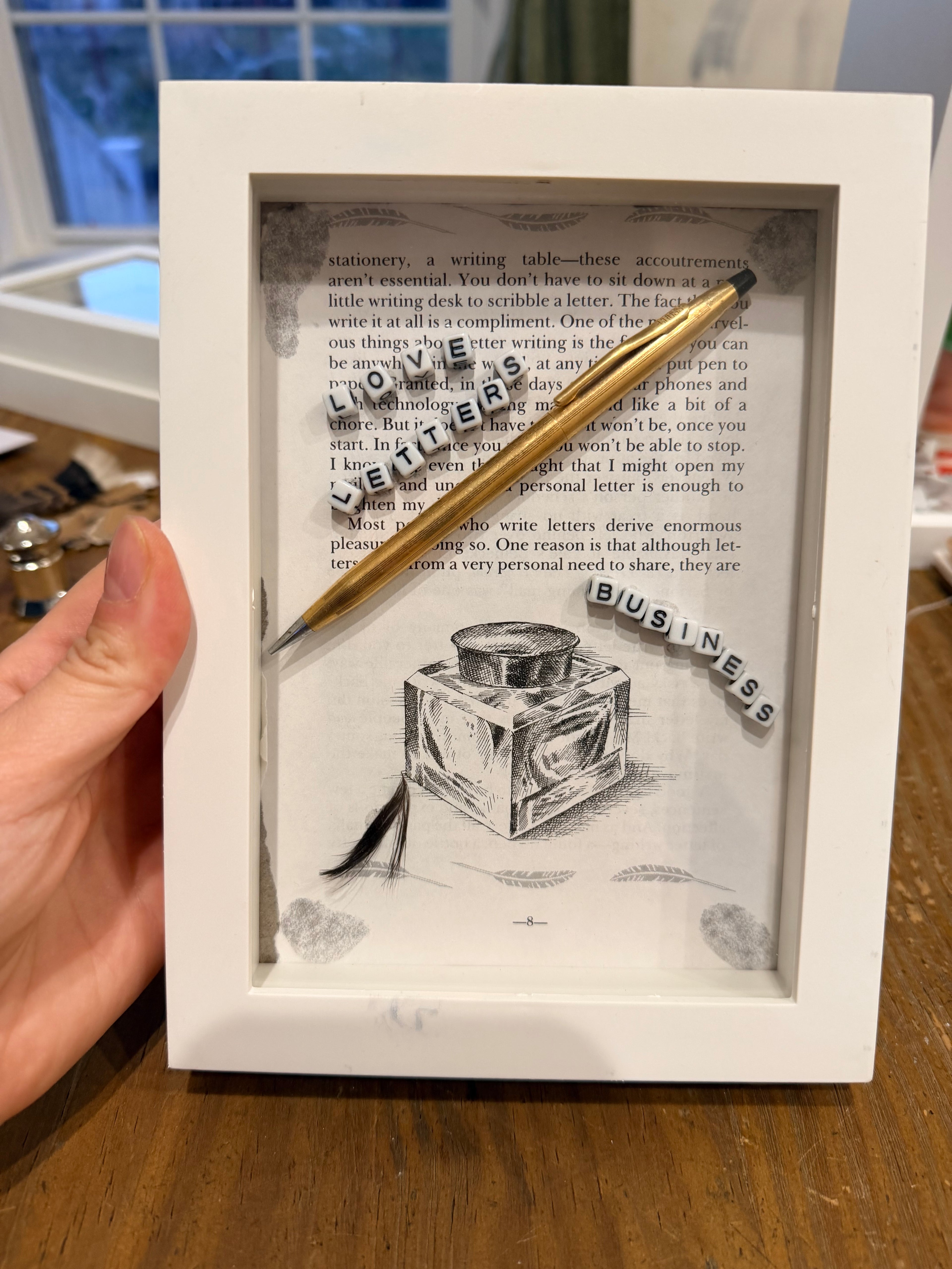 "Love Letters & Business" Vintage Book Art Shadow Box – 3D Letter Writing Wall Decor with Gold Pen & Inkwell