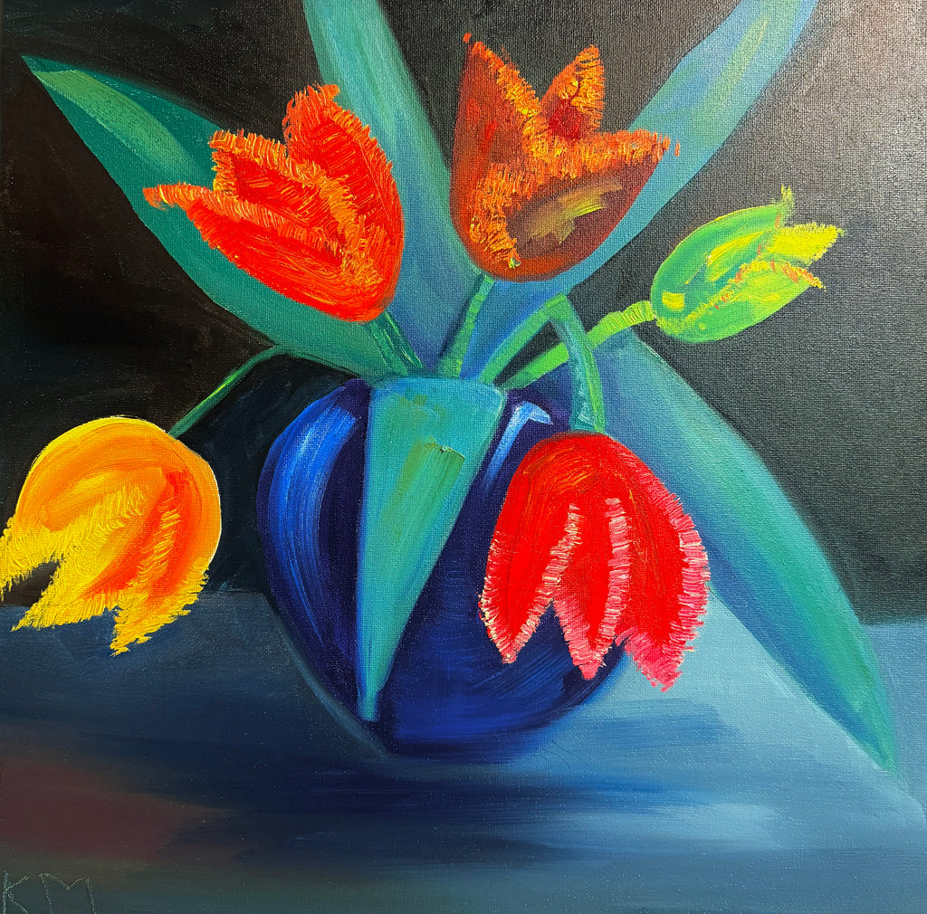 Tulips in a Vase oil on square canvas