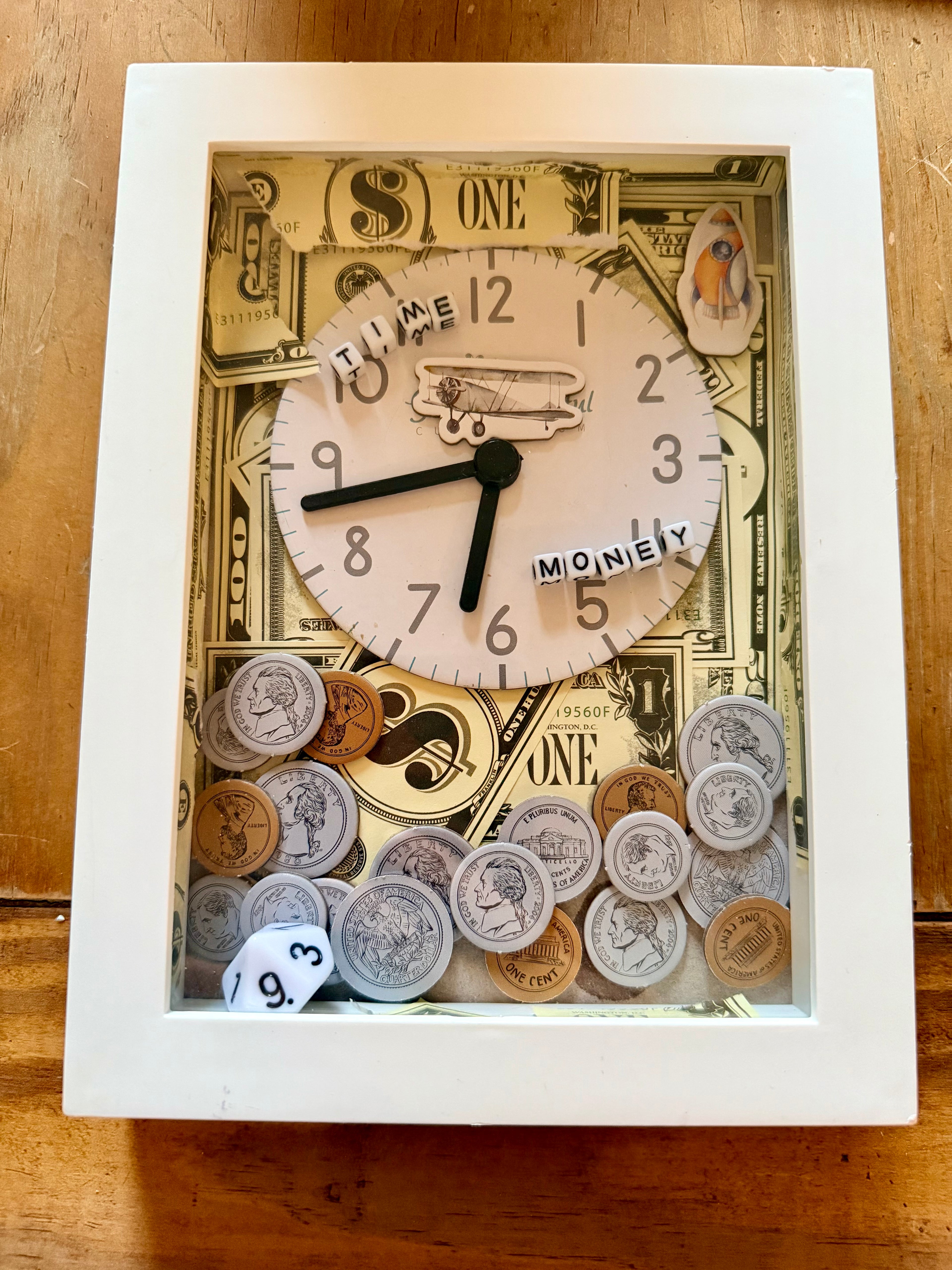 "Time is Money" 3D Shadow Box Wall Art – Financial Motivation Decor with Vintage Clock, Coins & Cash Background