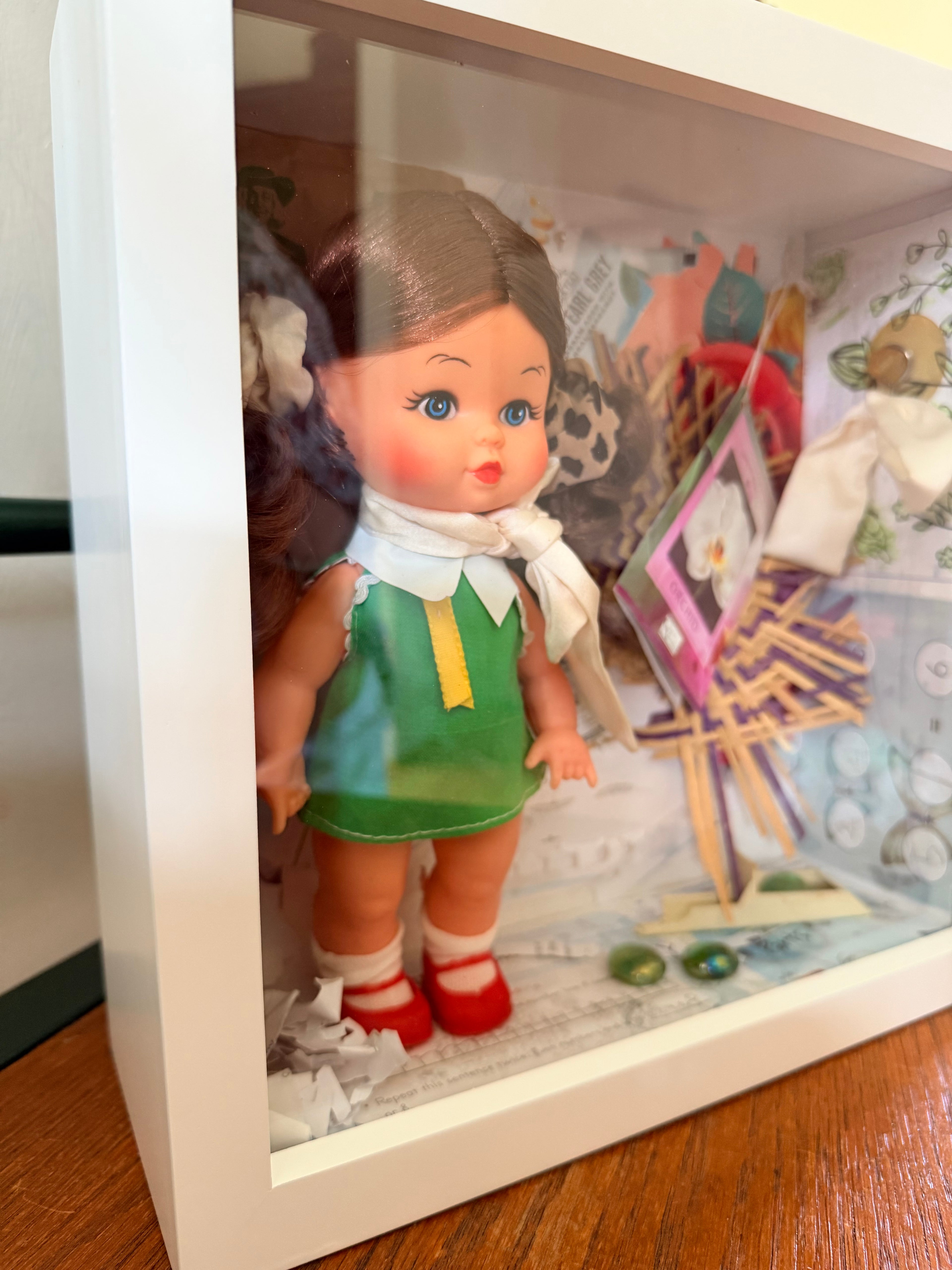 Vintage Doll Mixed Media Shadow Box Art – "Nostalgia & Tea" Handmade Assemblage