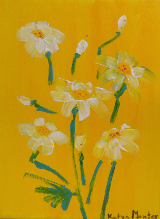 Bouquet of White Flowers on Yellow Background - Acrylic on Canvas Painting - 9"x 12"