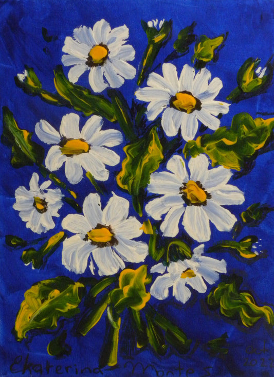 White Daisies on Blue Background - Acrylic on Canvas - 9"x12"