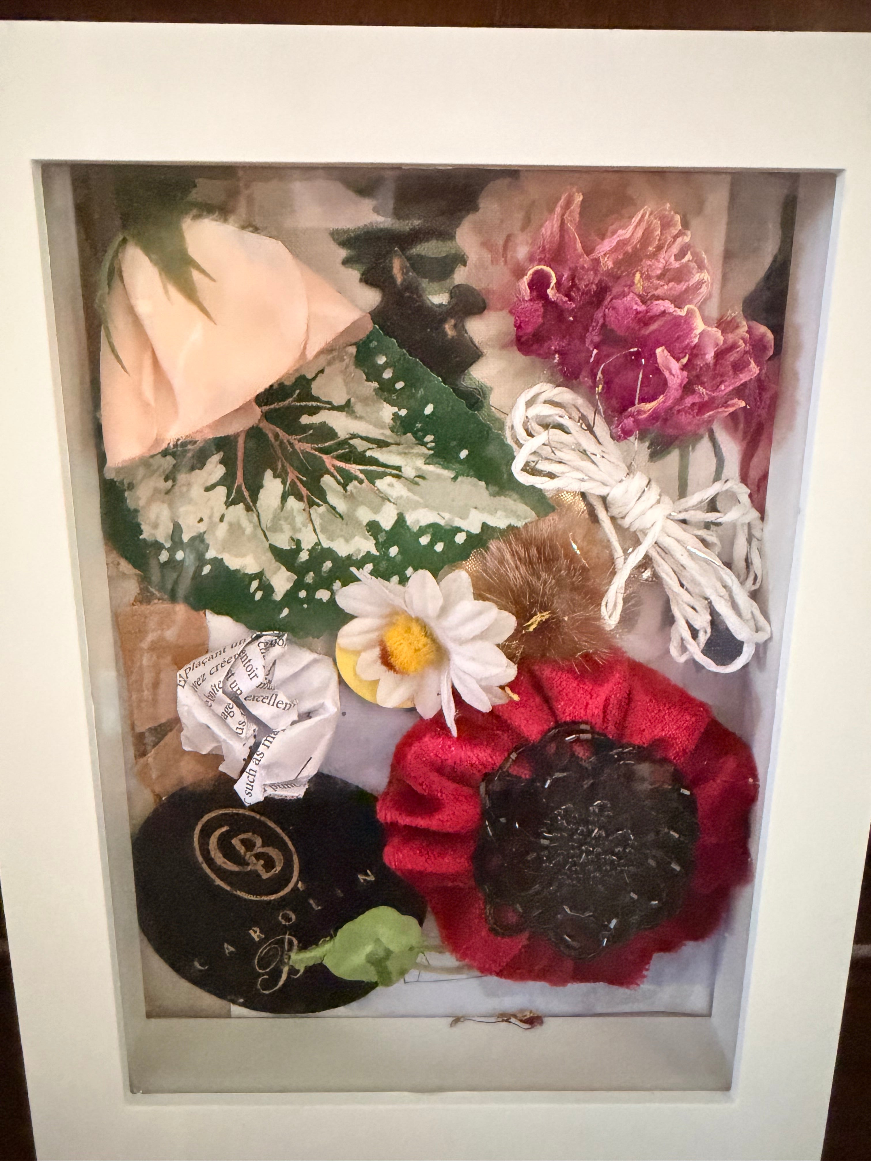 Handcrafted Mixed Media Floral Shadow Box Art – White Framed Botanical Keepsake