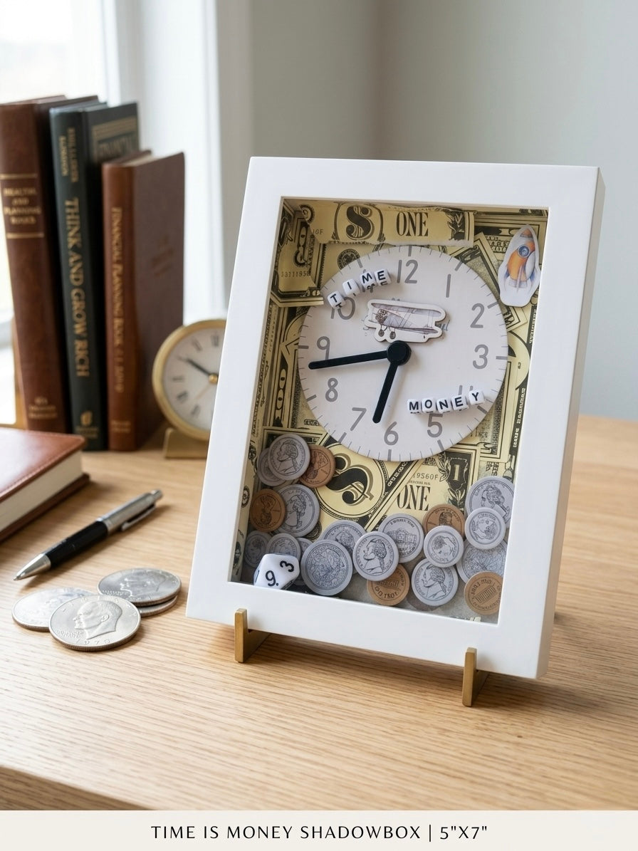"Time is Money" 3D Shadow Box Wall Art – Financial Motivation Decor with Vintage Clock, Coins & Cash Background
