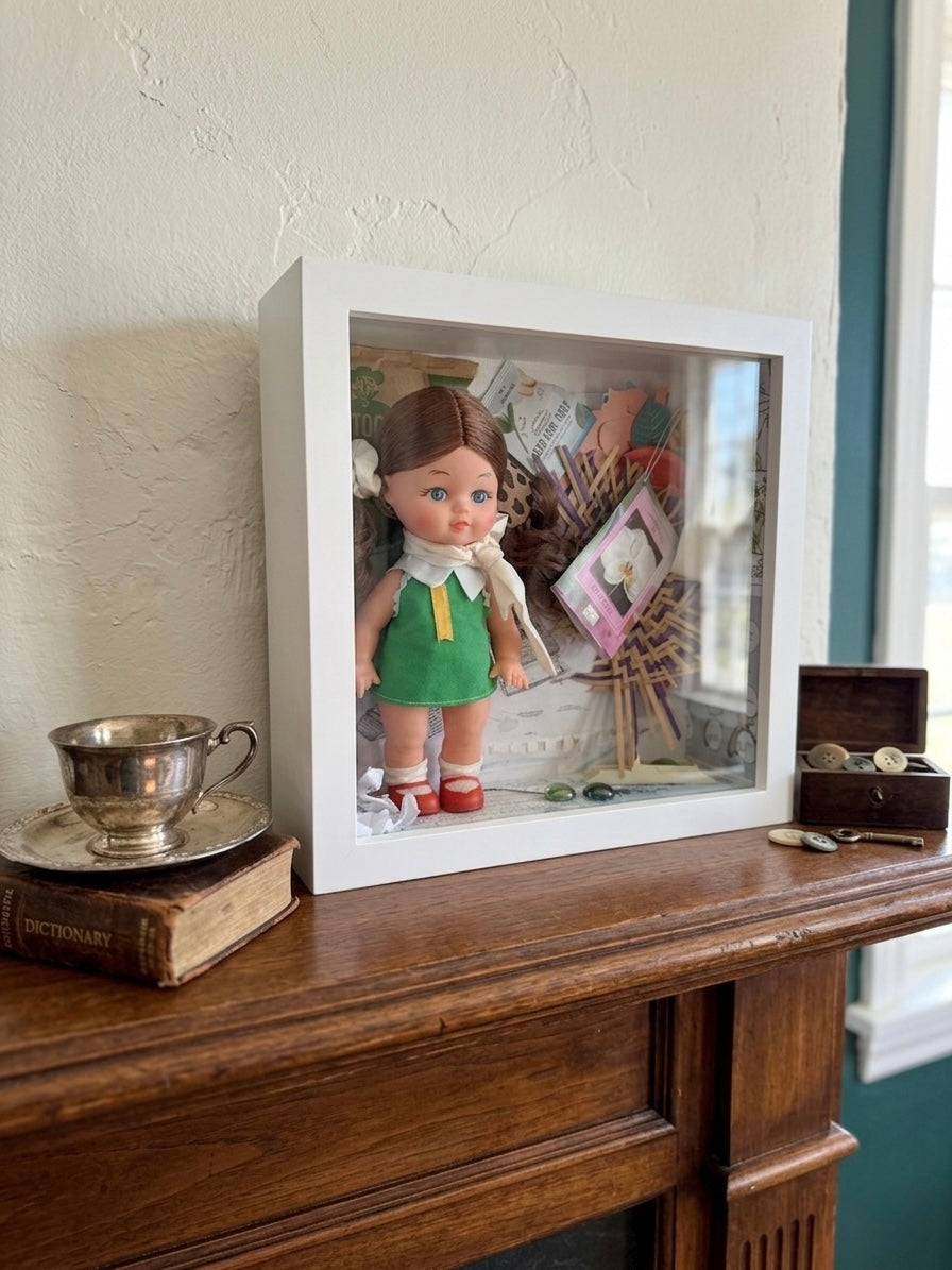 Vintage Doll Mixed Media Shadow Box Art – "Nostalgia & Tea" Handmade Assemblage