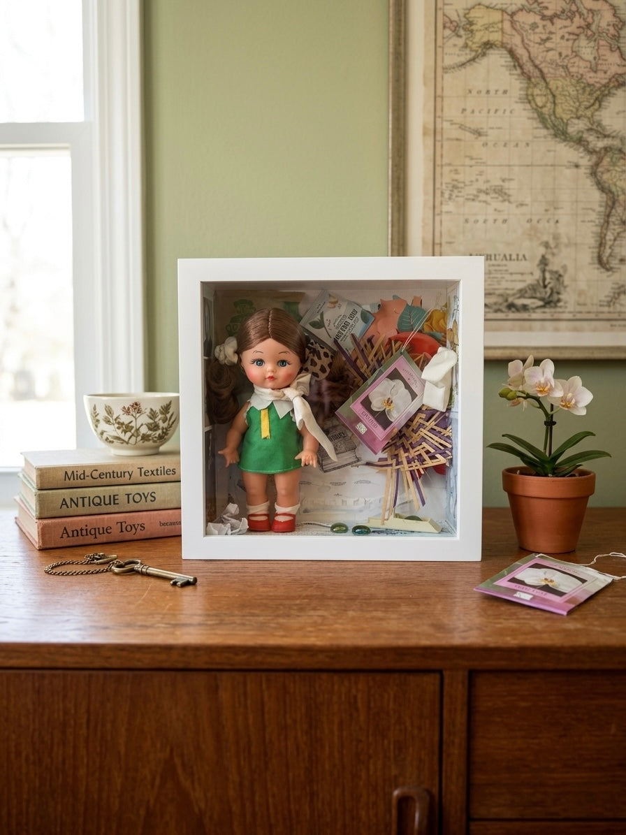 Vintage Doll Mixed Media Shadow Box Art – "Nostalgia & Tea" Handmade Assemblage