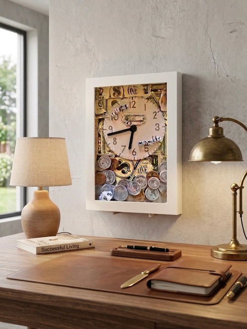 3D shadowbox artwork in a white frame exploring the concept of "Time is Money," featuring a background collage of dollar bills, a central clock face with an airplane graphic, letter beads spelling "Time" and "Money," and a collection of paper coins at the bottom.