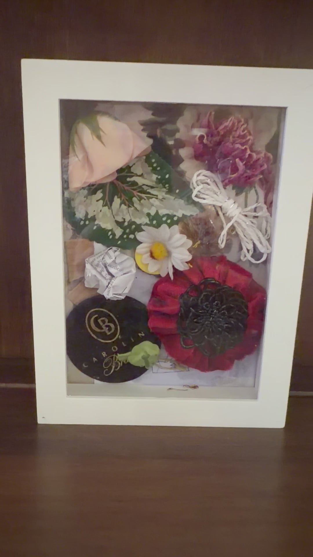Handcrafted Mixed Media Floral Shadow Box Art – White Framed Botanical Keepsake